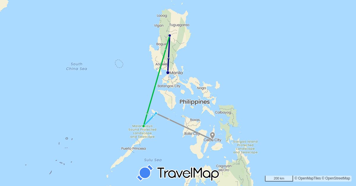 TravelMap itinerary: driving, bus, plane, boat in Philippines (Asia)